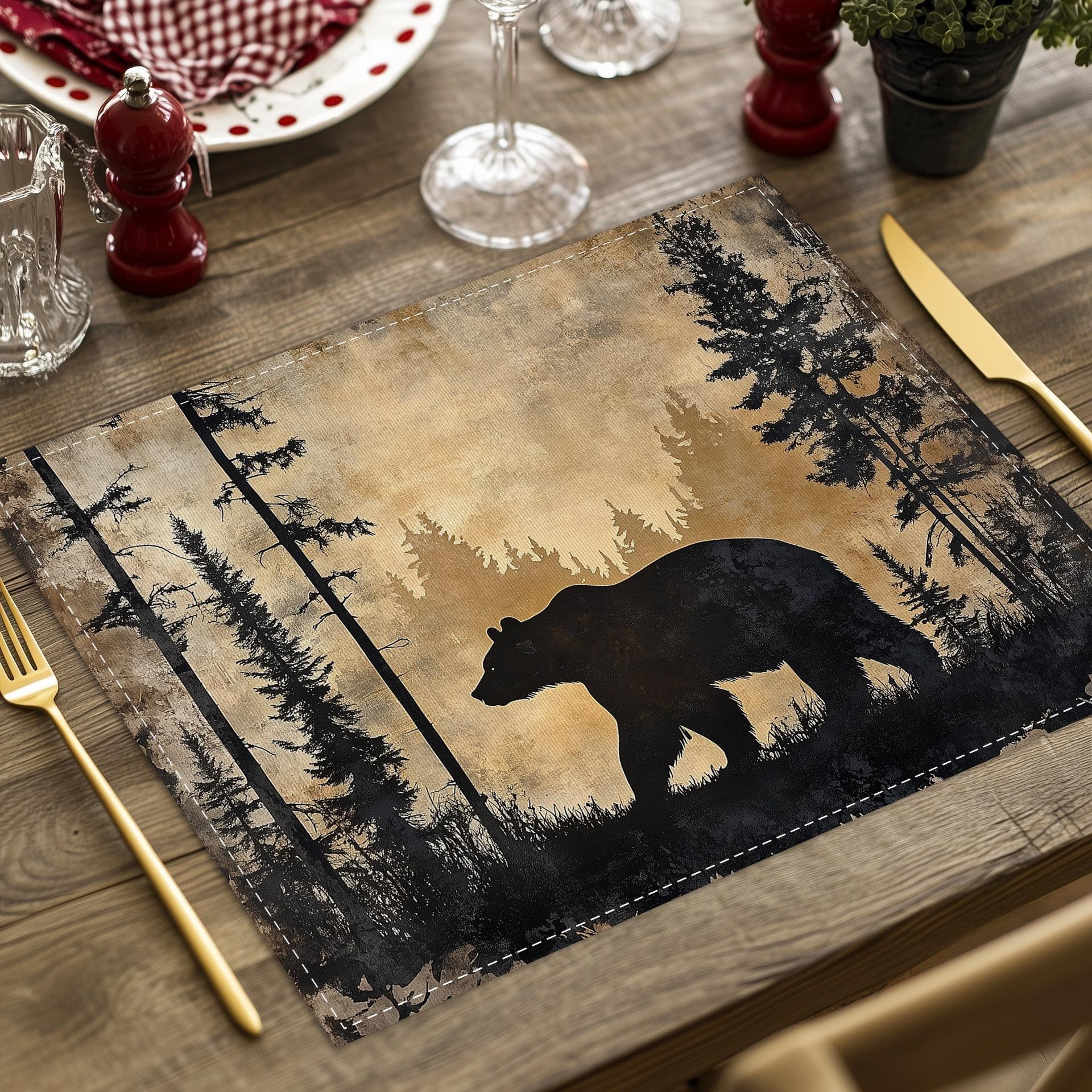 

4/6/8PcsRustic Wildlife Placemats with Deer Wolf Bear Designs Linen Heat InsulationPads forDining Table Mats Kitchen Table Decor 4Pcs-30X45cm(12X18in
