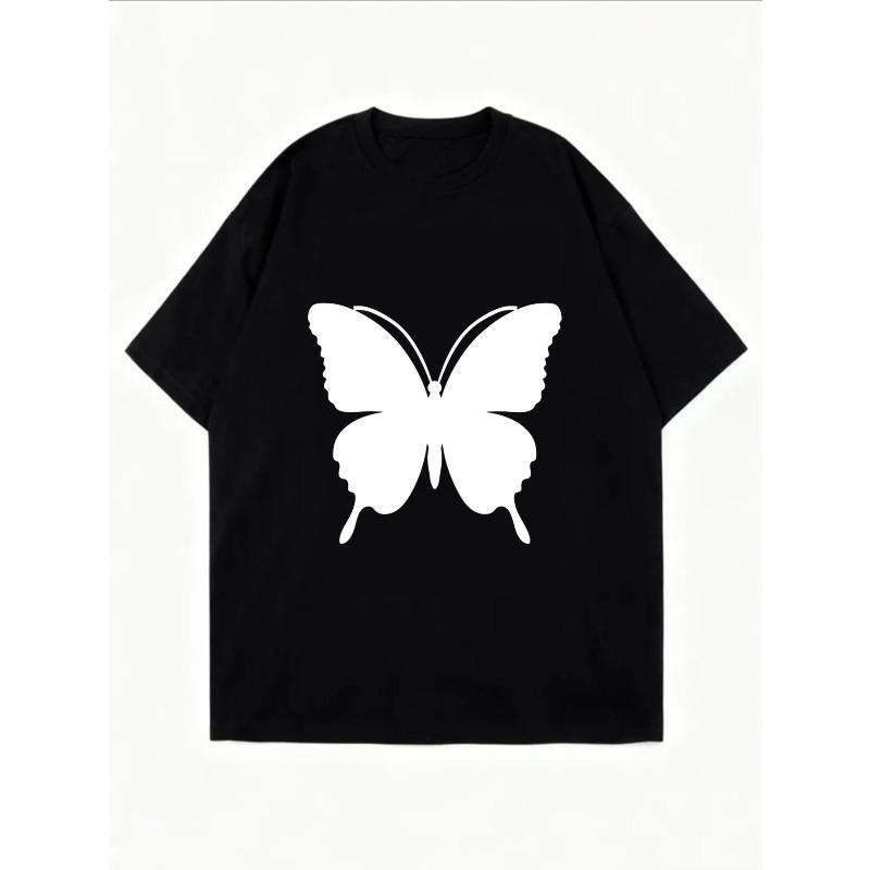 Vintage Schwarzes Oversized T-Shirt mit Weißer Schmetterlings-Silhouette & Drip-Design-Print – Minimalistisches Dunkles Ästhetik Grafik-Top
