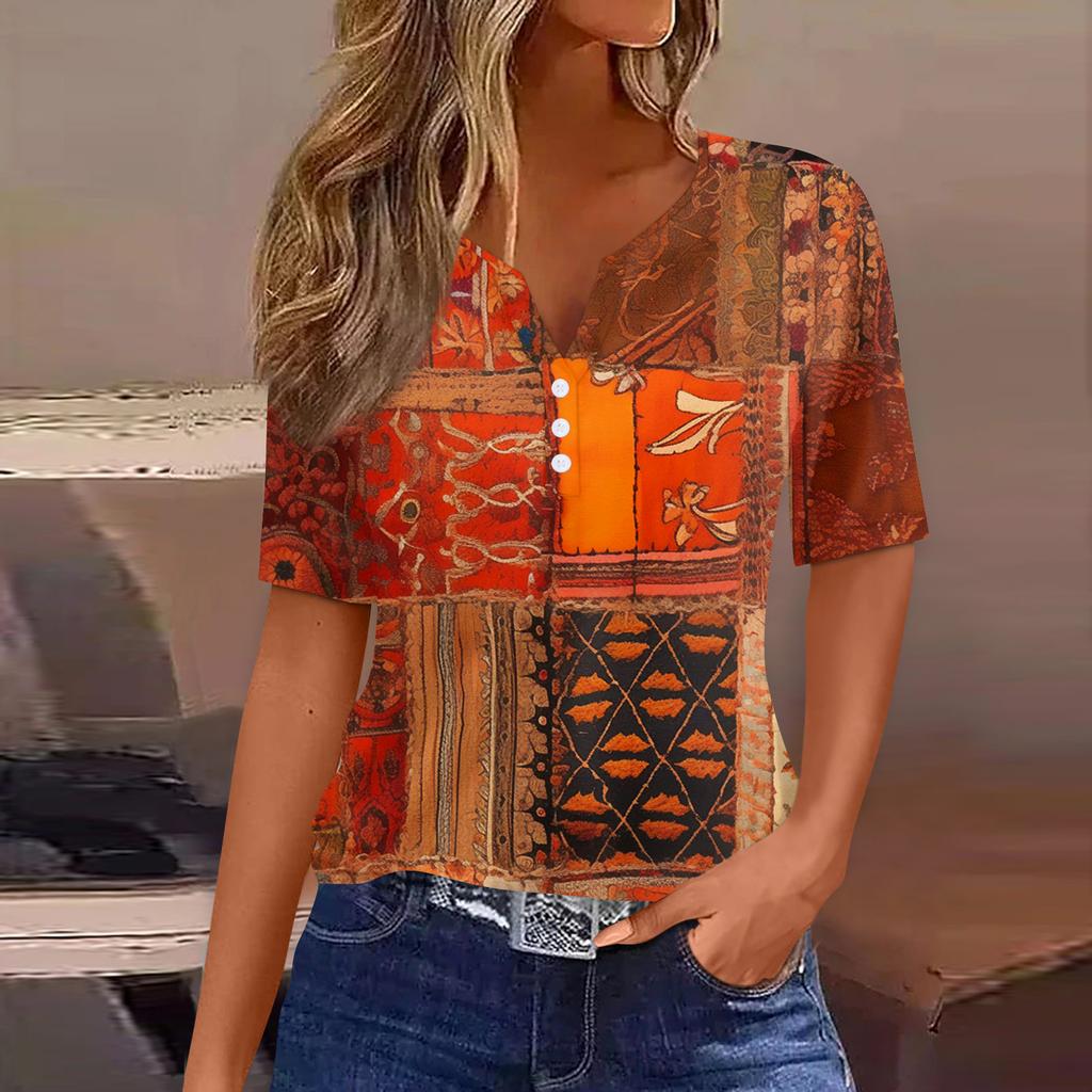 Women's T Shirt Print Button Short Sleeve Daily Weekend Fashion Basic V-Neck Regular Top