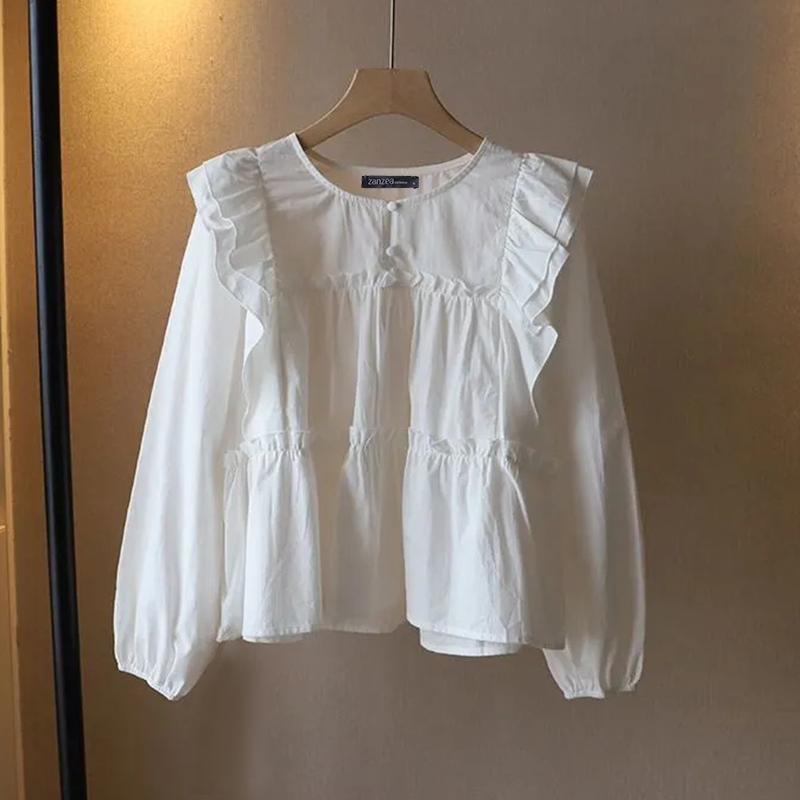ZANZEA Women Casual O-neck Long Sleeve Loose Ruffles Blouse