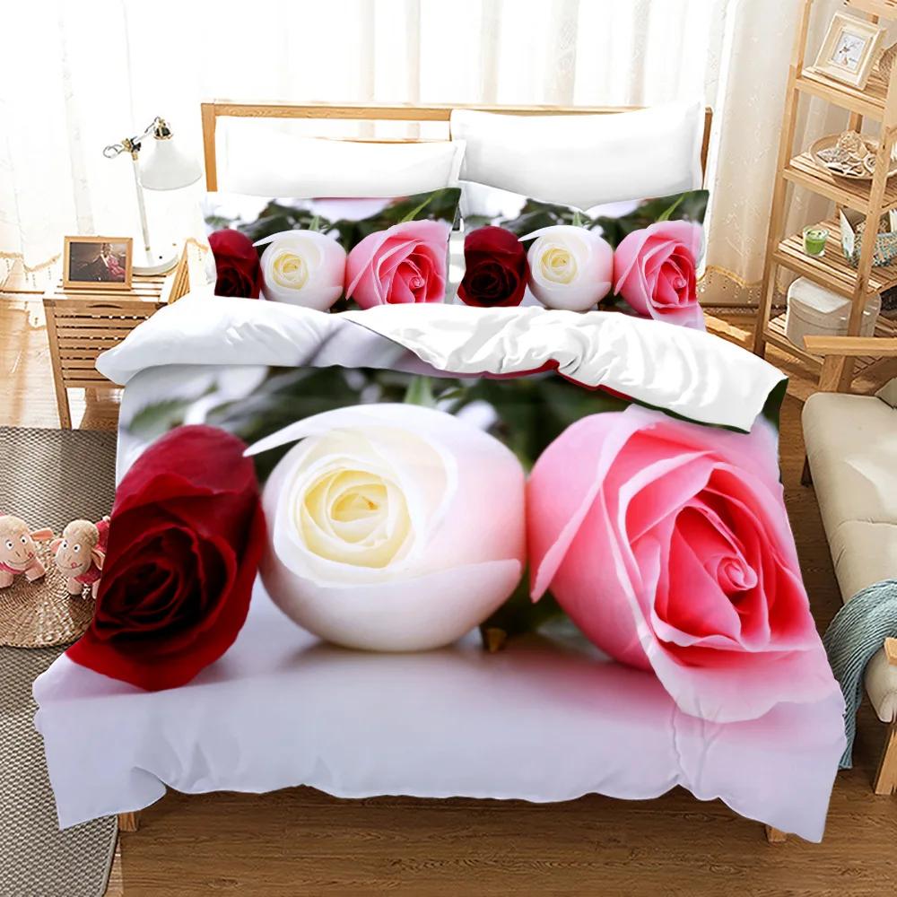 Rose Duvet Cover Set Full/Queen/King/Twin Size Soft Luxury 3D Rose Flower Microfiber Bedding Set Romantic Love Pink Quilt Cover