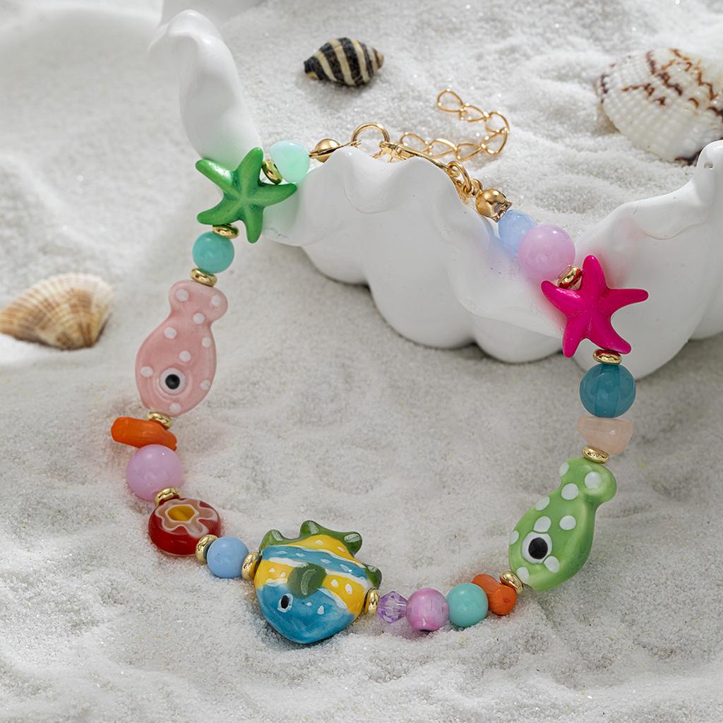 Women's Ocean Style Fish & Starfish Bracelet Summer Colored Ceramic Beaded Jewelry Vacation Style Accessories