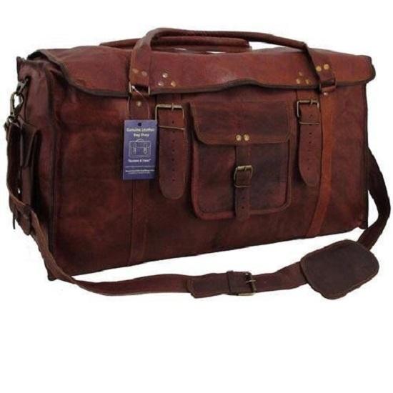 Mens Vintage Genuine Leather Flap Duffel Carry On Weekender Travel Bag 24"