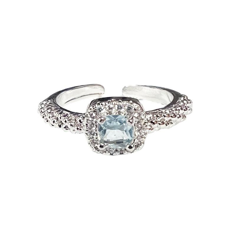 High-End Light Luxury Sea Blue Zircon Exquisite Open Ring Four-Leaf Clover Fashion Women'S Cold Wind Niche Ring