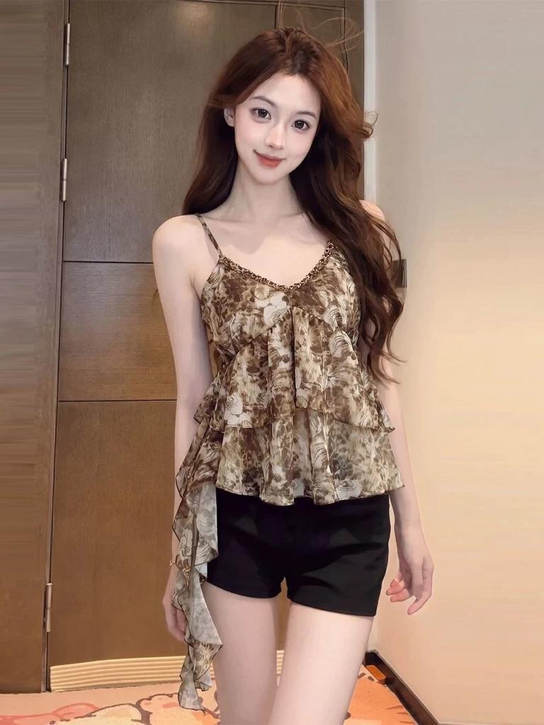 Vintage Leopard Print Suspender Vest Women's Summer V-neck Versatile Streamer Sleeveless Top