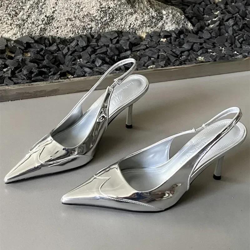 

Fashion Elegant Mixed Color Thin High Heels Women Sexy Pointed Toe Slingbacks Heeled Sandals Summer Silver Women Pumps Party Dress Shoes 35 серебряный