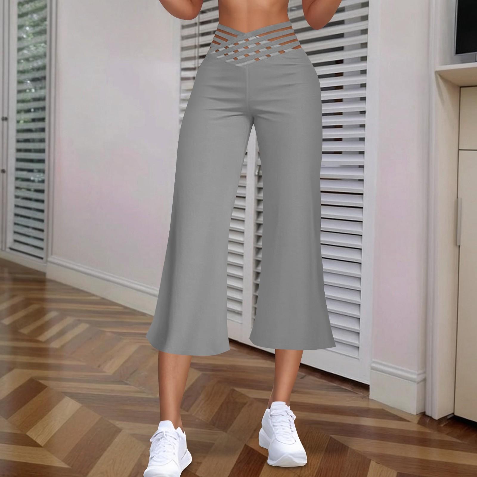 

Женские брюки с полым поясом, расклешенные брюки Temperament с высокой талией, свободные брюки 3/4, широкие брюки-капри L