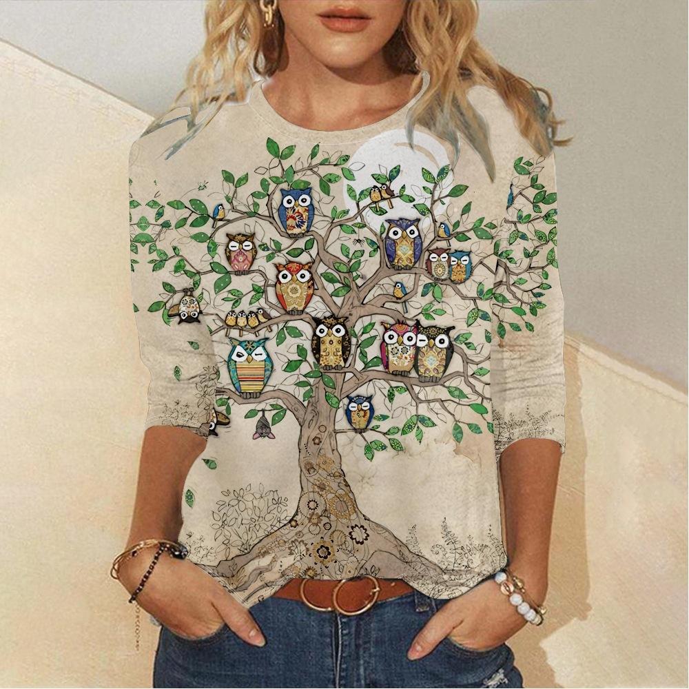 Spring and Autumn Round Neck 3D Christmas Owl  Printed Top Fashionable Casual Long Sleeved Women's T-shirts