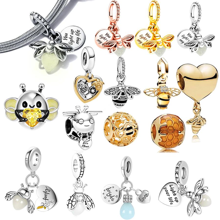 Hot Sale DIY Making Sparkling Bee & Glow Firefly Dangle Charm Bead Fit Original Europeans Copper 925 Bracelet Women Zircon Gift