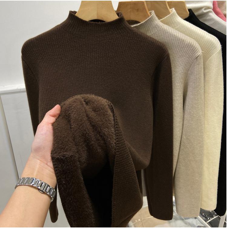 Women's Fleece-Lined and Thickened Half-High Neck Base Layer Sweater for Winter Inner Wear with Integrated Fleece Fabric