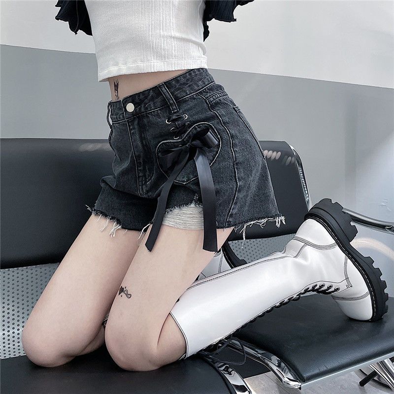 Bow Tie Torn Hole Denim Shorts for Women In Summer Korean Version High Waist Loose Fit Slimming and Wide Leg Hot Pants