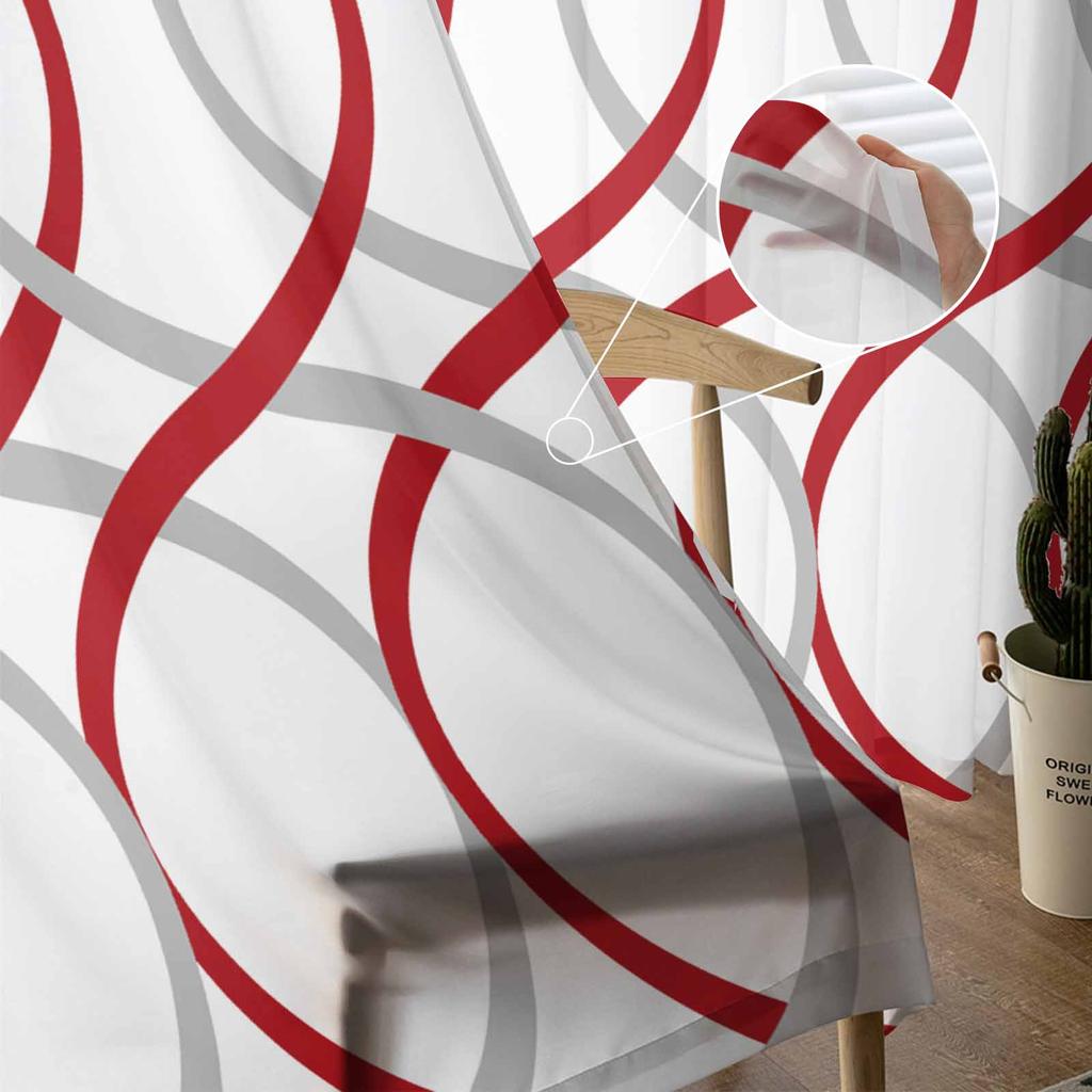 Geometric Abstract Lines Red Gray Sheer Curtains for Living Room Decoration Window Curtains Kitchen Tulle Voile Organza Curtains
