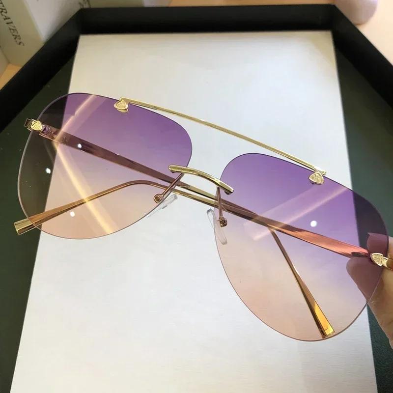 Vintage Rimless Sunglasses For Men Women Alloy Aviation Pilot Gradient Sun Glasses Metal Oval Shades Black Brown