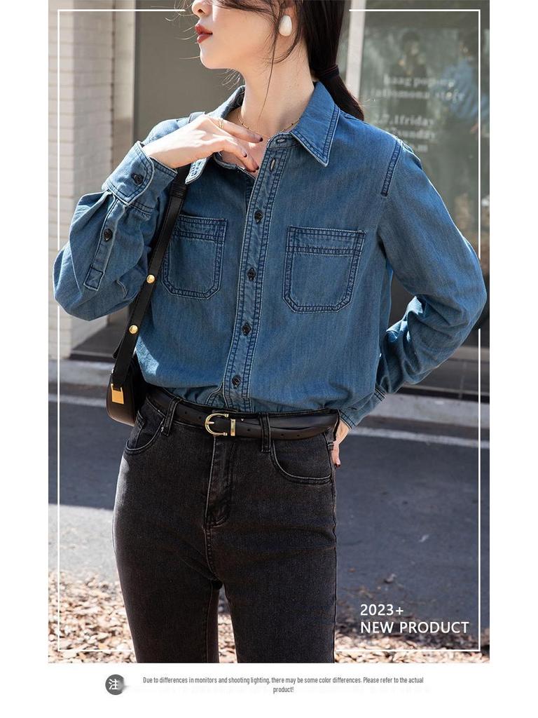 2025 Women's Chic Retro Denim Shirt - Soft Cotton, Long Sleeve, French Style for Spring/Autumn