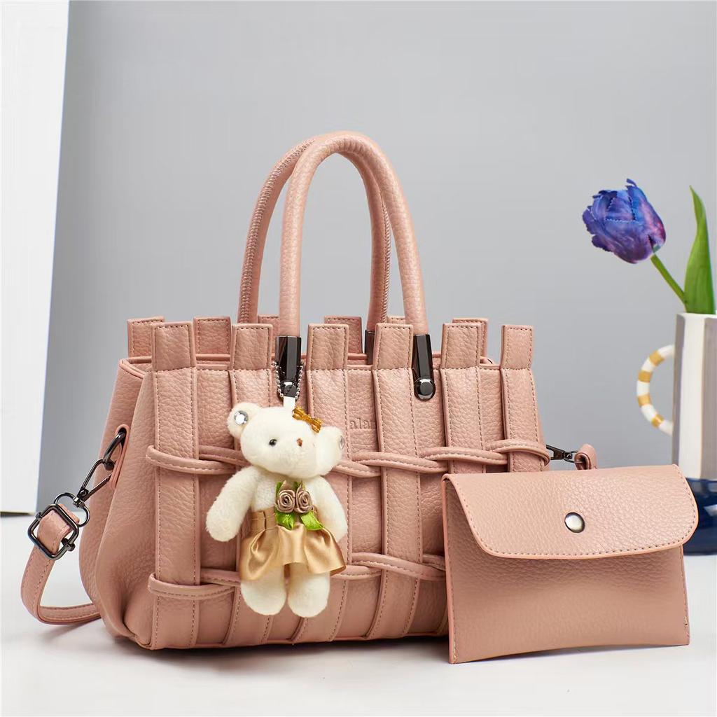 Lychee Leather Handbag and Purse For Women, Ladies Top Handle Satchel Tote with Hanging Ornament, Girls Crossbody Shoulder Bags