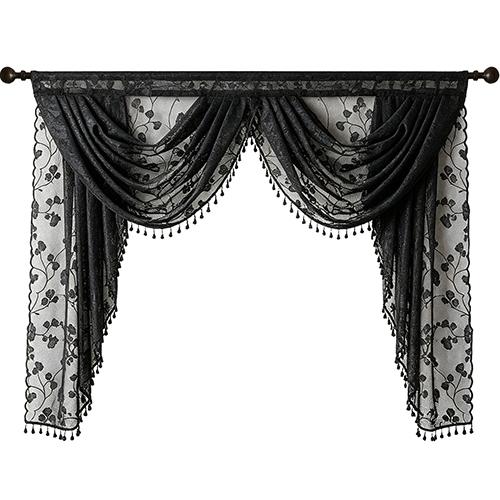 1 Stück LOZUJOJU Französischer Retro Schwarzer Spitzen-Vorhangkopf, Weinreben-Blumen-Jacquard-Quasten-Vorhangkopf für Schlafzimmer Wohnzimmer Fensterdekoration