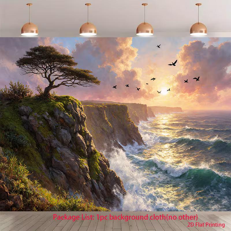 2D Coastal Scenery Photography Background with Crashing Waves and Sunset 47.2x31.5inch/120*80cm