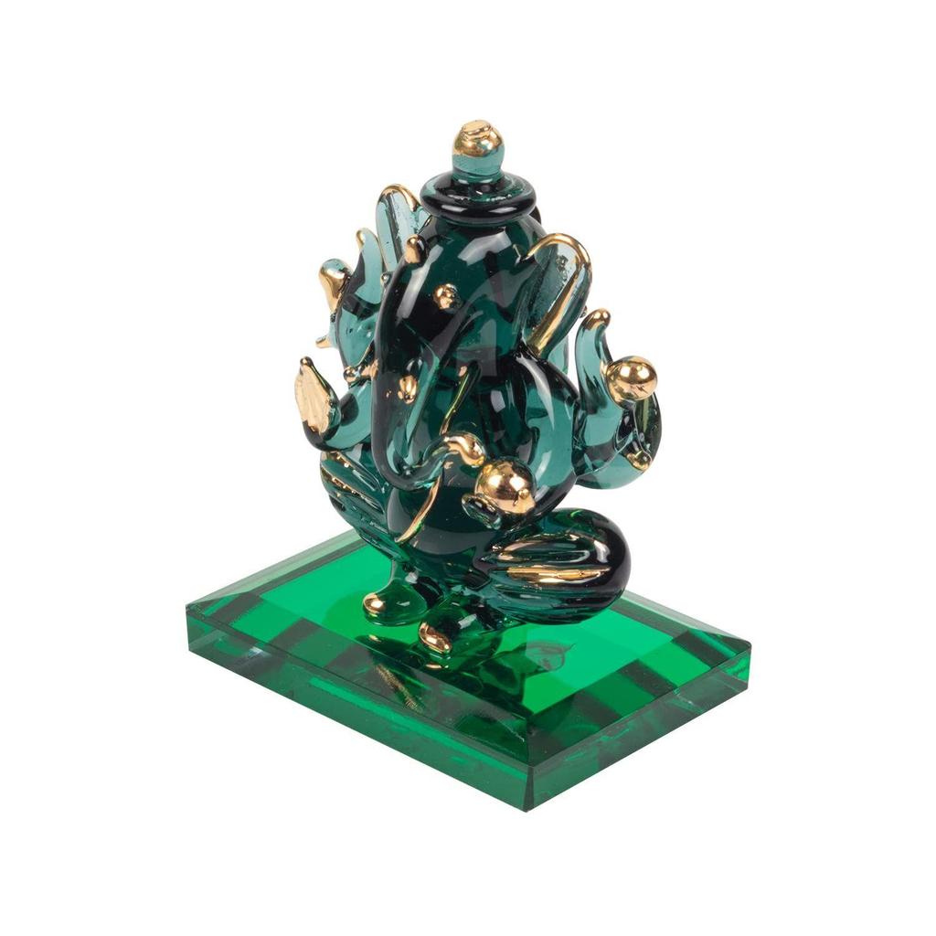 God Ganesh Sitting with Base Statue (Murti) Idol Showpiece Handmade of Crystal Glass by for Worship, Decoration, Car Dashboard, Gift (Dark Green),
