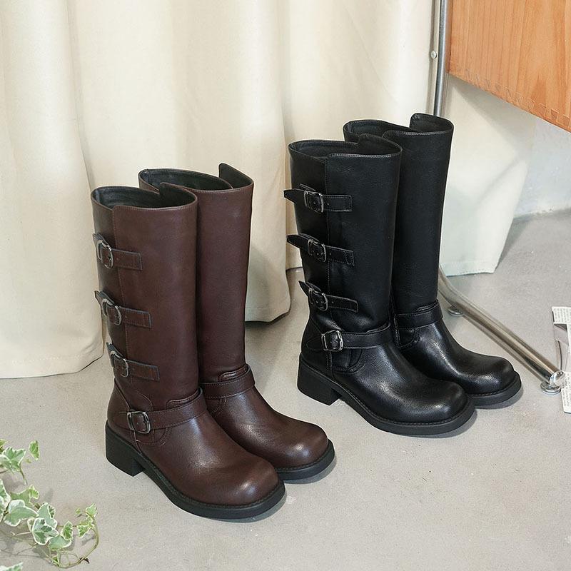 Cowhide Large Tube Circumference Medium Tube Knight Boots 2025 Autumn and Winter Thick Middle Heel Belt Buckle Round Head Cowhide Loose Boots Women