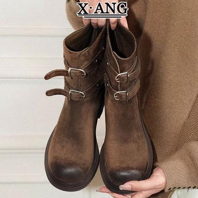 Cowhide Version Brown Barn Style Boots Women's Thick Heel Martin Boots Medium Motorcycle Boots Western Cowboy Boots Skinny Short Boots