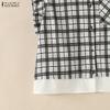 ZANZEA Women Casual Turn Down Collar Sleeveless Plaid Print Blouse