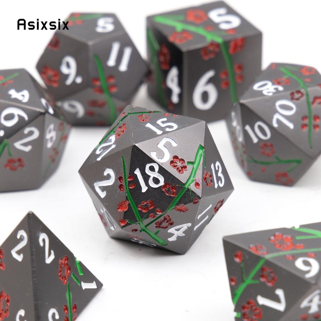 7 Pcs Black Flower Metal Dice Solid Metal Polyhedral Dice Set Suitable for Role-Playing RPG Board Game Card Game