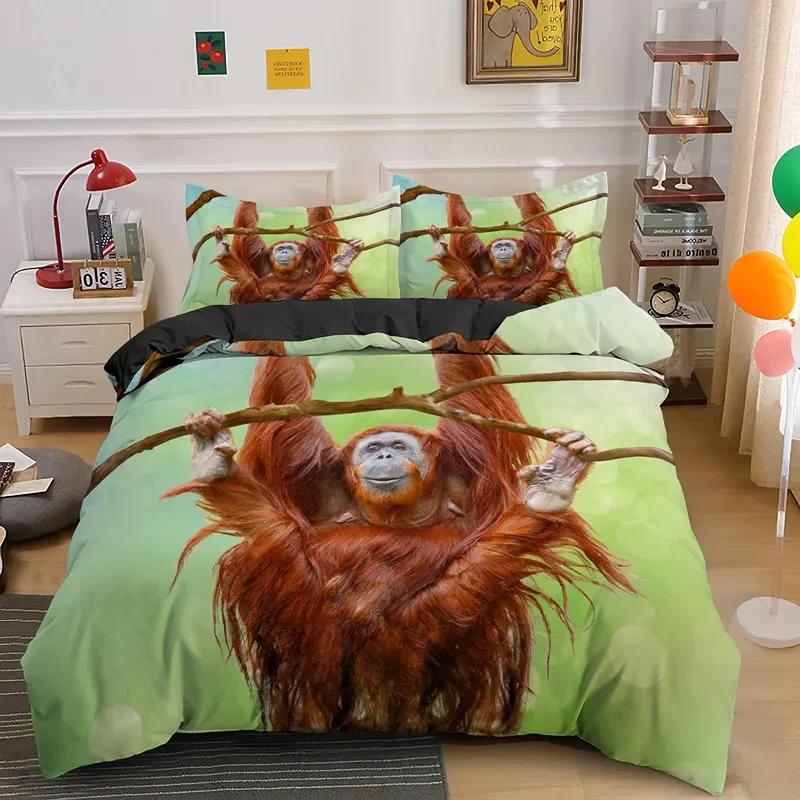 Orangutan Duvet Cover King Queen Size Cute Monkey Bedding Set Palm Leaves Tropical Botanical Polyester Comforter Cover for Adult