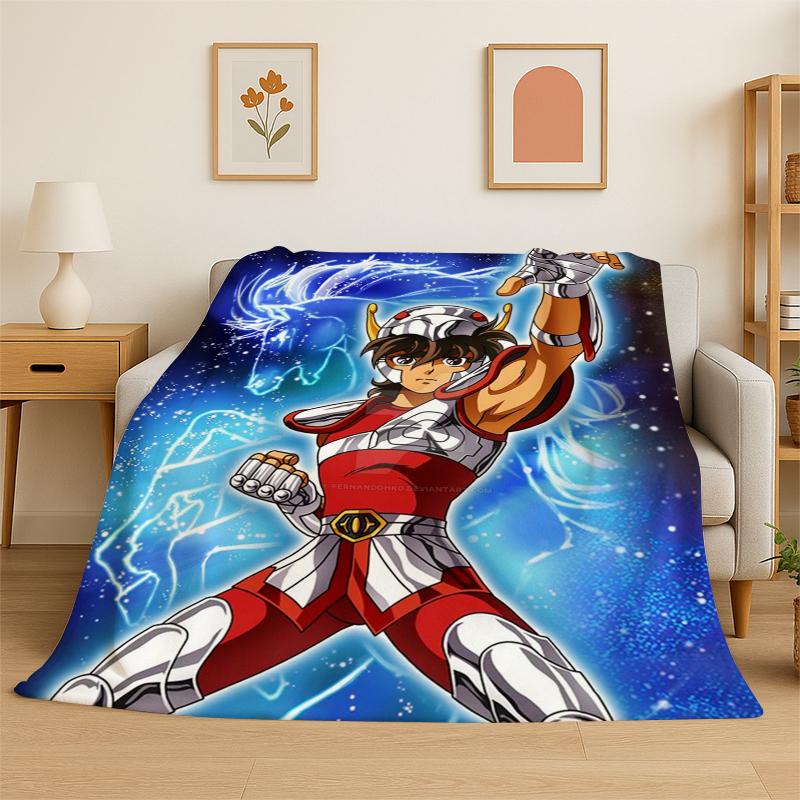 Retro Saint Seiya Anime Cartoon Flannel Blanket Soft Warm Throw Blanket for Bedroom Living Room Bed Travel Camping Picnic Gift