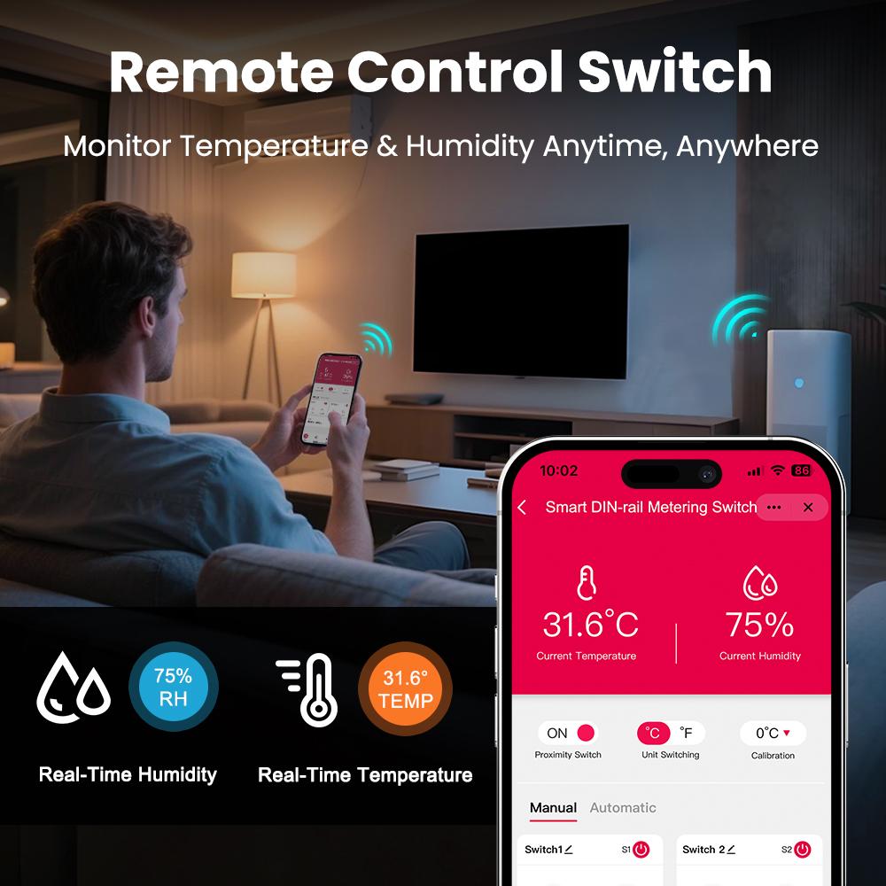 Tuya Temp & Humidity Sensor WiFi 2-Gang Smart Switch 18mm DIN Rail with , 3840W AC/300W DC, Timer, Smart Life/Alexa/Google