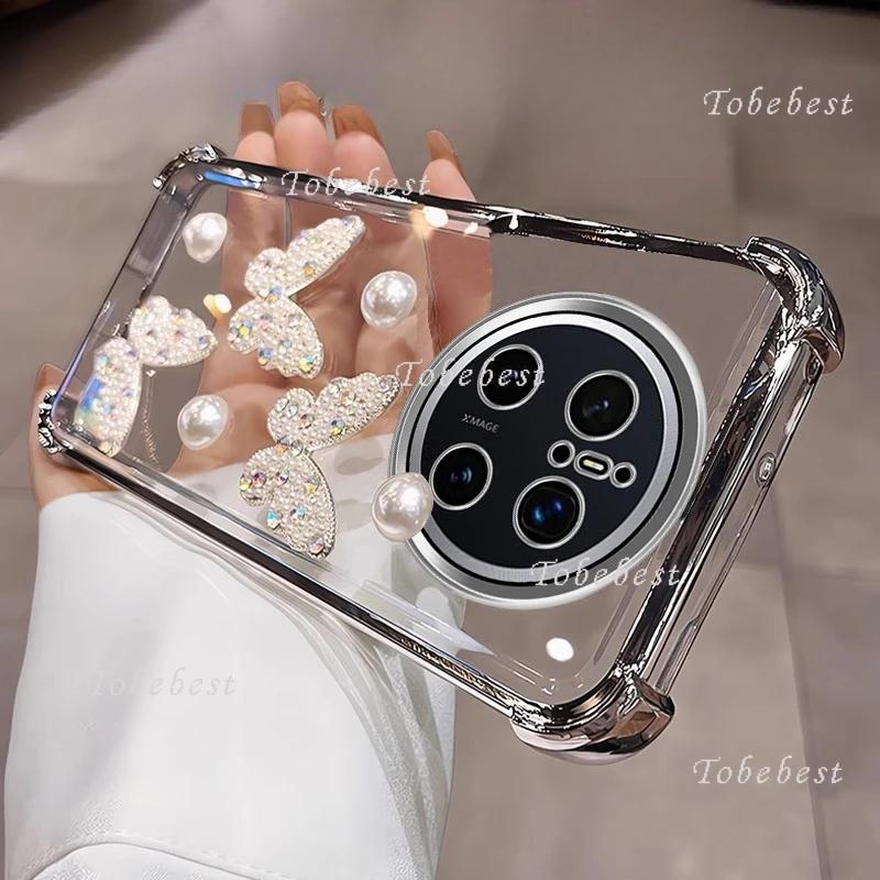 3D Pearl Butterfly Shockproof Plating Silicone Case for Huawei Mate 70 60 50 40 30 Pro Transparent Back Cover