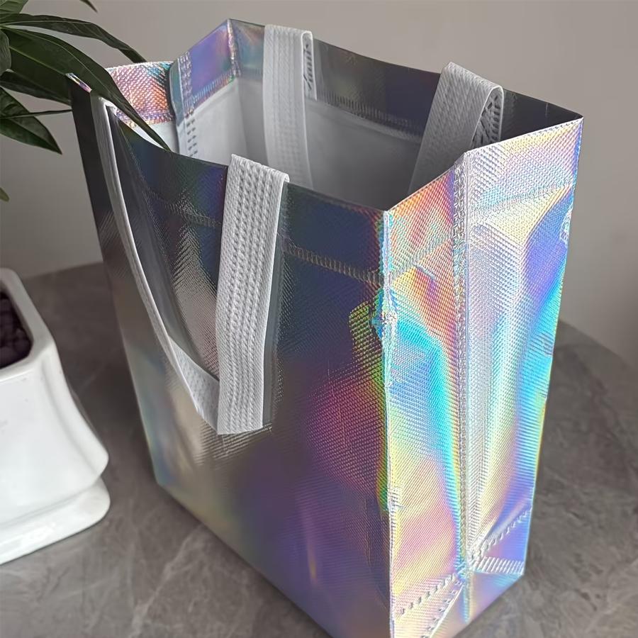 10pcs Holographic Non-Woven Gift Tote Bags with Handles, Iridescent Shiny Reusable Shopping Handbags, Portable Carry Pouches XJM