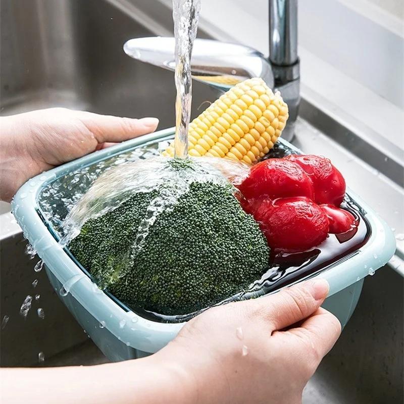 Double-Layer Drain Basket Lid Refrigerator Crisper Multifunctional Square Large Size Washing Vegetable Basket Kitchen Organizer
