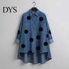 Textured Fabric Shirt Polka Dot Denim for Women Loose Fit Button-Down Top with Casual Outerwear Chest Pockets Oversize Spring Summer Fashionable