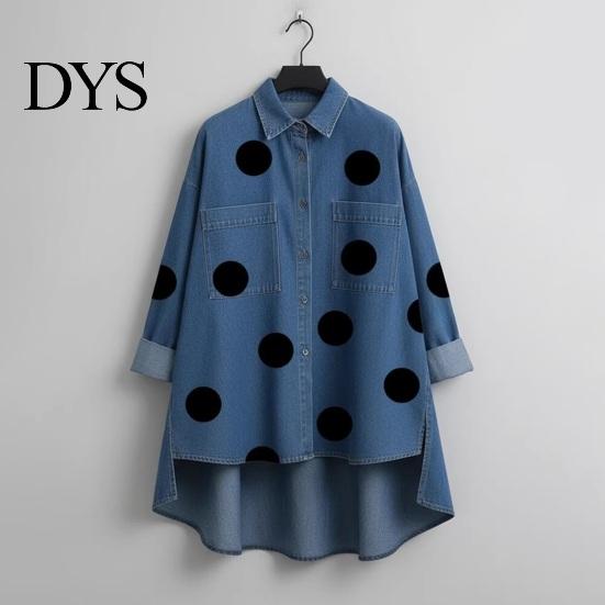Textured Fabric Shirt Polka Dot Denim for Women Loose Fit Button-Down Top with Casual Outerwear Chest Pockets Oversize Spring Summer Fashionable