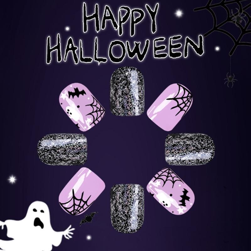 Halloween Faux Nails 24PCS Dark Cobweb Glittering Ghosty And Skeletons Easy Application For Parties