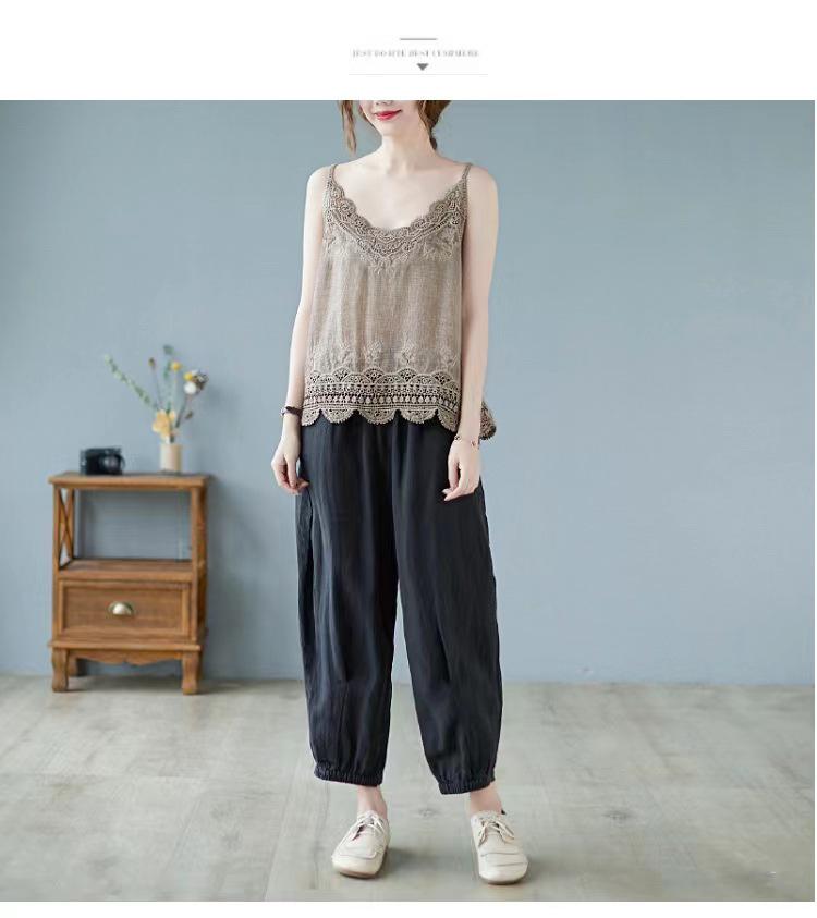 Women's Summer Lace Applique Tank Top – Sleeveless, Sexy, Loose Fit, Cotton with Edged Detailing