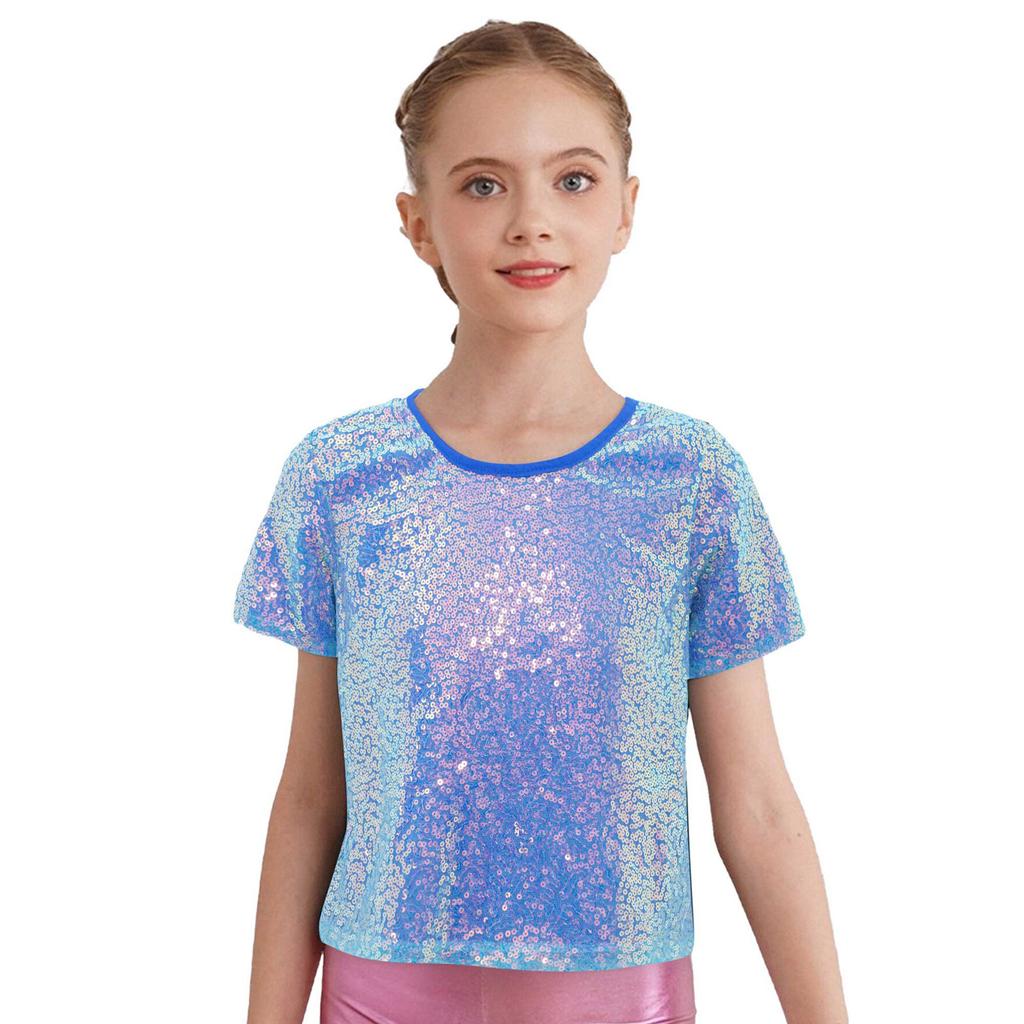 Girls Shiny Sequins Round Neck Short Sleeve T Shirt Cheerleading Dance Performance Stage Party Top