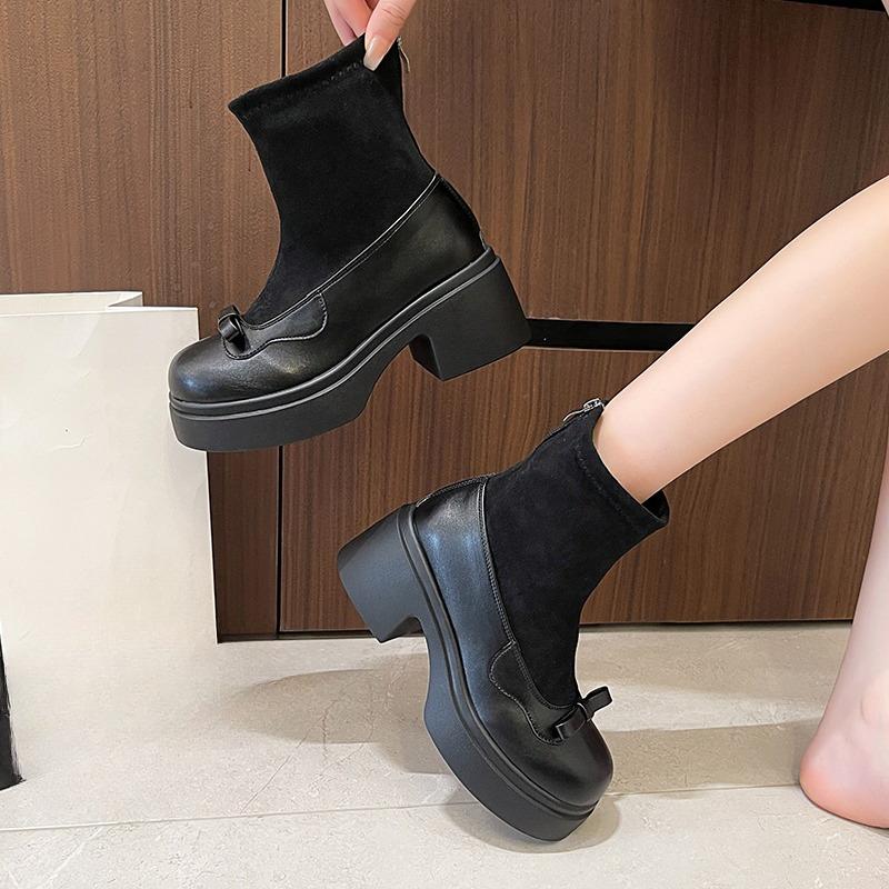 Small Stretch Skinny Boots Women  New Round Toe Bow Platform Rear Zipper Heightened Skinny Booties