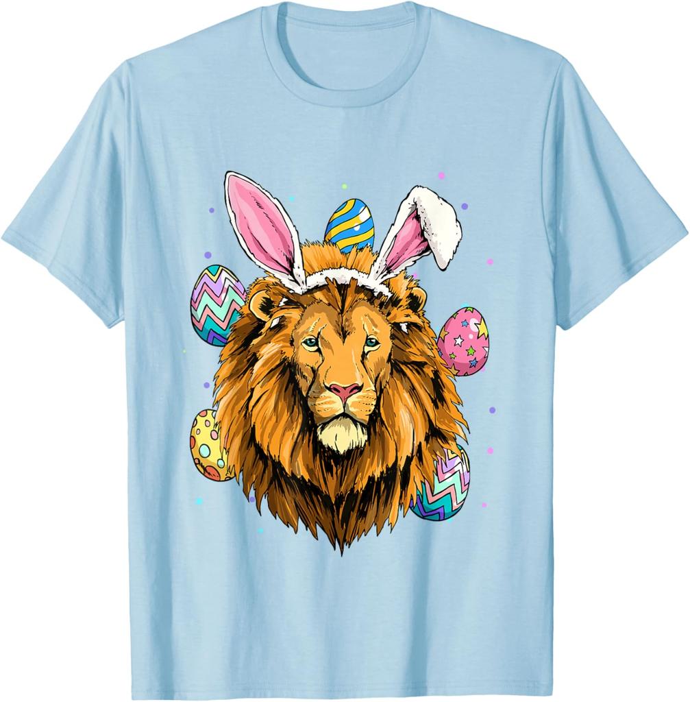 Lion Wearing Easter Bunny Ears Graphic Tee Cotton Short Sleeve Crew Neck Casual T-Shirt