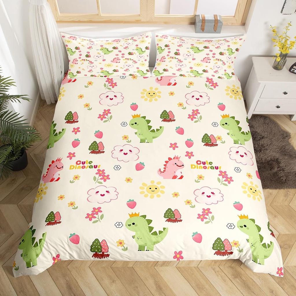Cute Dinosaur Duvet Cover King Queen Kawaii Cartoon Wild Dino Bedding Set For Kids Boys Girls Jungle Animals Comforter Cover