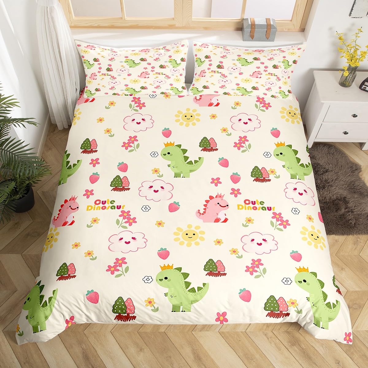 

Pink Dinosaur Duvet Covers For Kids Girls Queen Lightweight Quilt Cover With 2 Pillowcases Cartoon Animals Bedding Sets No Quilt EU Single(135*200cm)3pcs