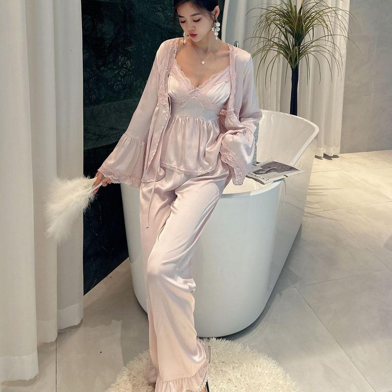 Zhao Ruth Internet Celebrity Three-piece Women's Spring Summer Ice Silk Pajamas Lace Sexy Suspenders Thin Pure Desire Trousers