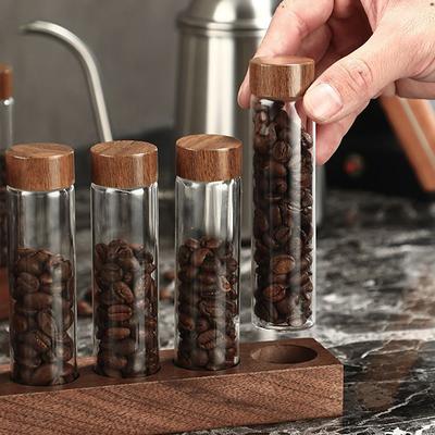 Tubo di Vetro per Chicchi di Caffè con Strumento in Legno Tubi in Bottiglia Conservazione Grani Barattoli di Legno Ermetici