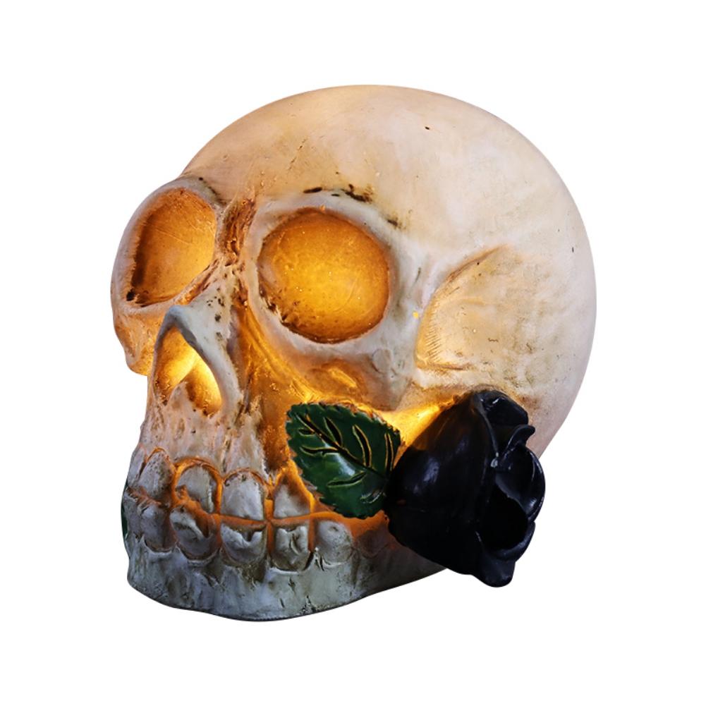 Realistic Human Skull Resin Statue Head Skeleton Ghost Whisper Graveyard of Craniums Figurine Sculpture, Skull with Red Rose