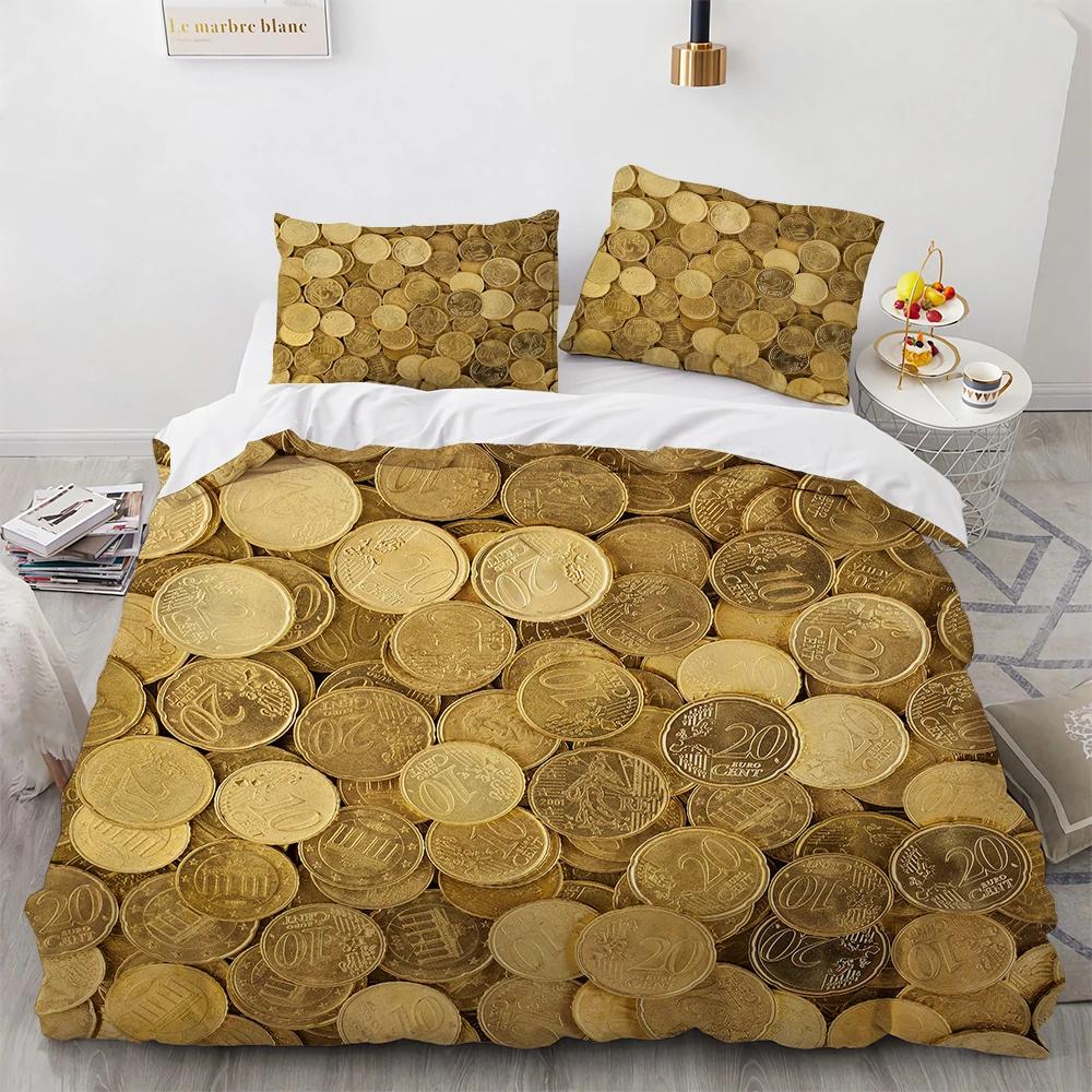 Geld Bettbezug Set Goldmünzen Druck Bettwäsche Set Weich Bequem Doppel Queen King Size Bettdeckenbezug für Teenager Erwachsene