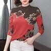 Mother's Women's Long-Sleeve Printed Base Layer Top, Half-High Neck, Tummy Concealing, for Mature and Elderly Women, Plus Velvet, Thickened and Warm.