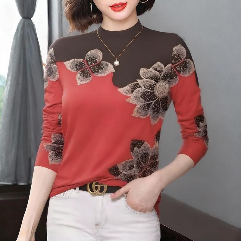 Mother's Women's Long-Sleeve Printed Base Layer Top, Half-High Neck, Tummy Concealing, for Mature and Elderly Women, Plus Velvet, Thickened and Warm.