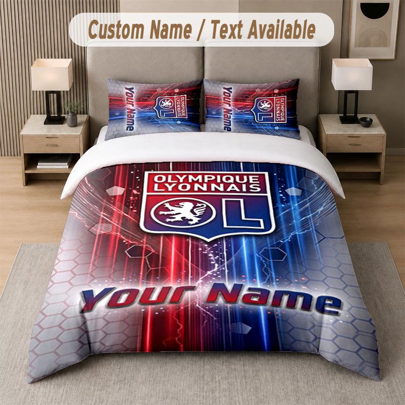 Custom Bedding Set Lyon FC Pattern, Print Name Text 1 Duvet Cover plus 2 Pillowcases Home Textile
