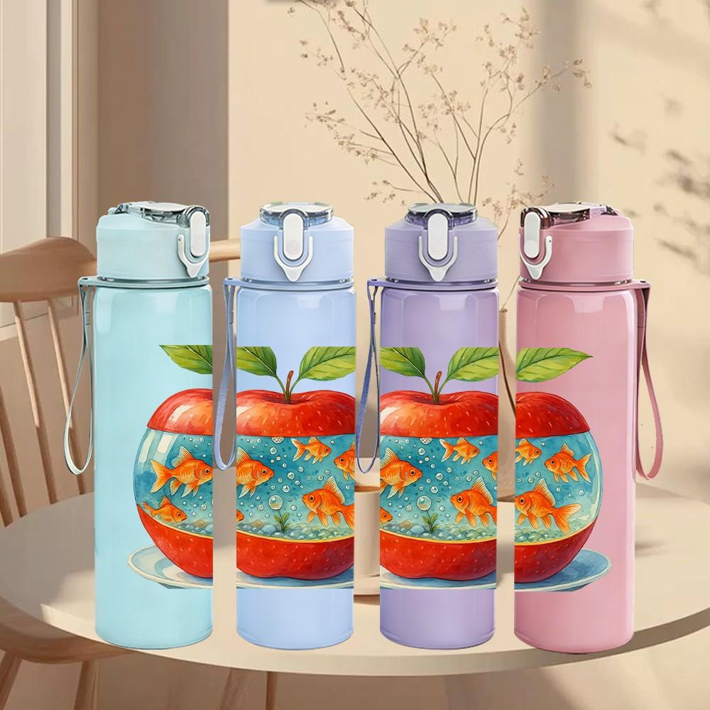 1PC Earth Pattern Apple Fruit Print 750ml Color Plastic Sports Water Bottle Leakproof Flip Straw Lid Suitable for Sports Office Home Use
