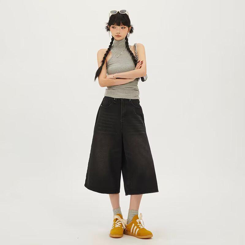 Women's High Waist Wide Leg Capri Denim Shorts - Summer 2024 Thin Style, Slimming Petite Fit
